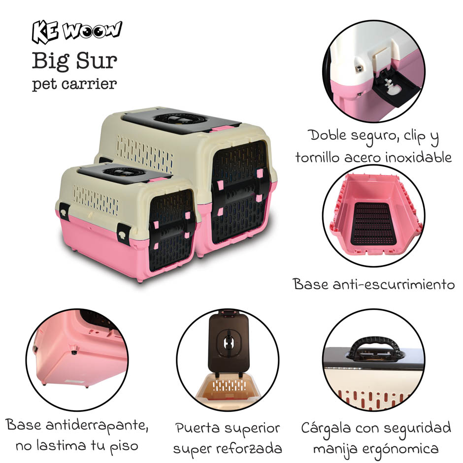 KE WOOW BIG SUR Pet Carrier, Transportadora con pueta superior para perros, gatos, conejos, hurones y mas. Ideal para viaje en avion o viajes cortos, dog Kennel Tamaño CHICO Color Azul y Rosa