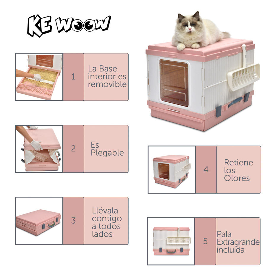 KE WOOW Arenero para gatos portátil. Caja de Arena para Gatos con Pala de Limpieza, Travel Cat Litter, Tamaño grande. Color Rosa y Azul
