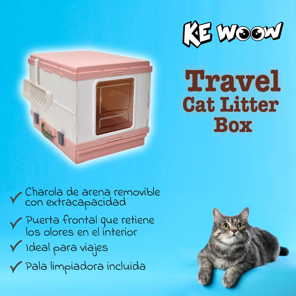 KE WOOW Arenero para gatos portátil. Caja de Arena para Gatos con Pala de Limpieza, Travel Cat Litter, Tamaño grande. Color Rosa y Azul