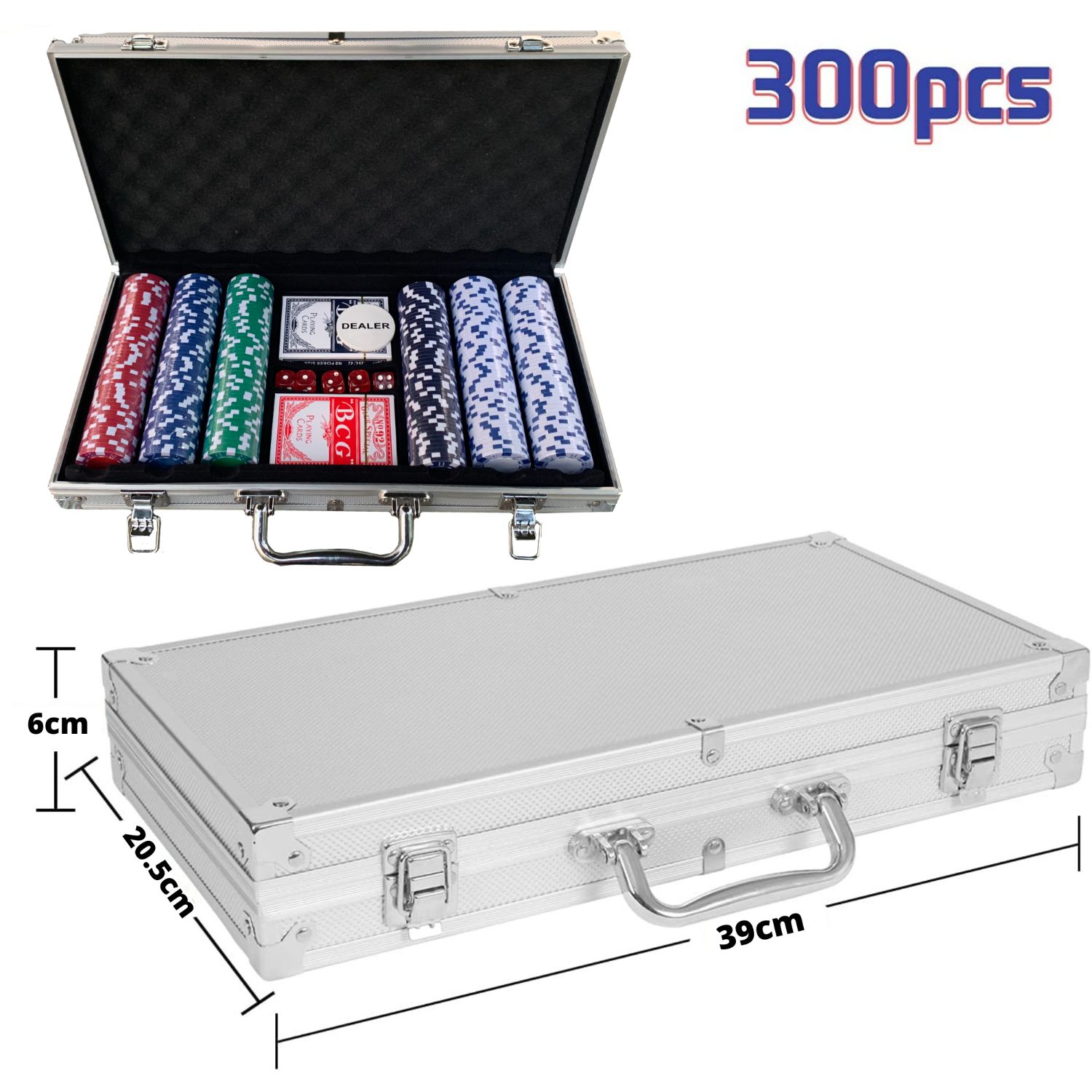 Juego 300 Fichas De Poker 2 Barajas Cartas Dados Con Maletin