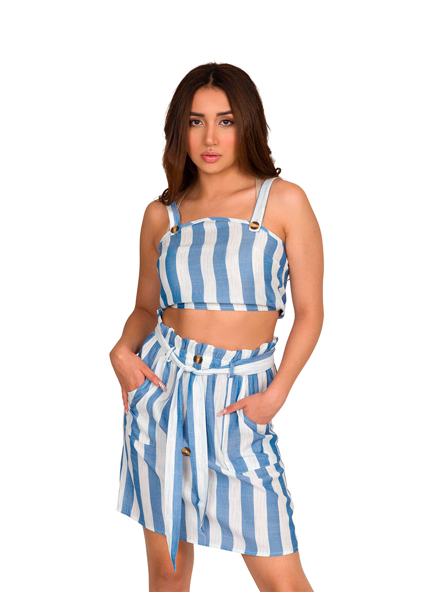 Conjunto Rayas Falda Blusa Tirantes Botones Cordones V-k117