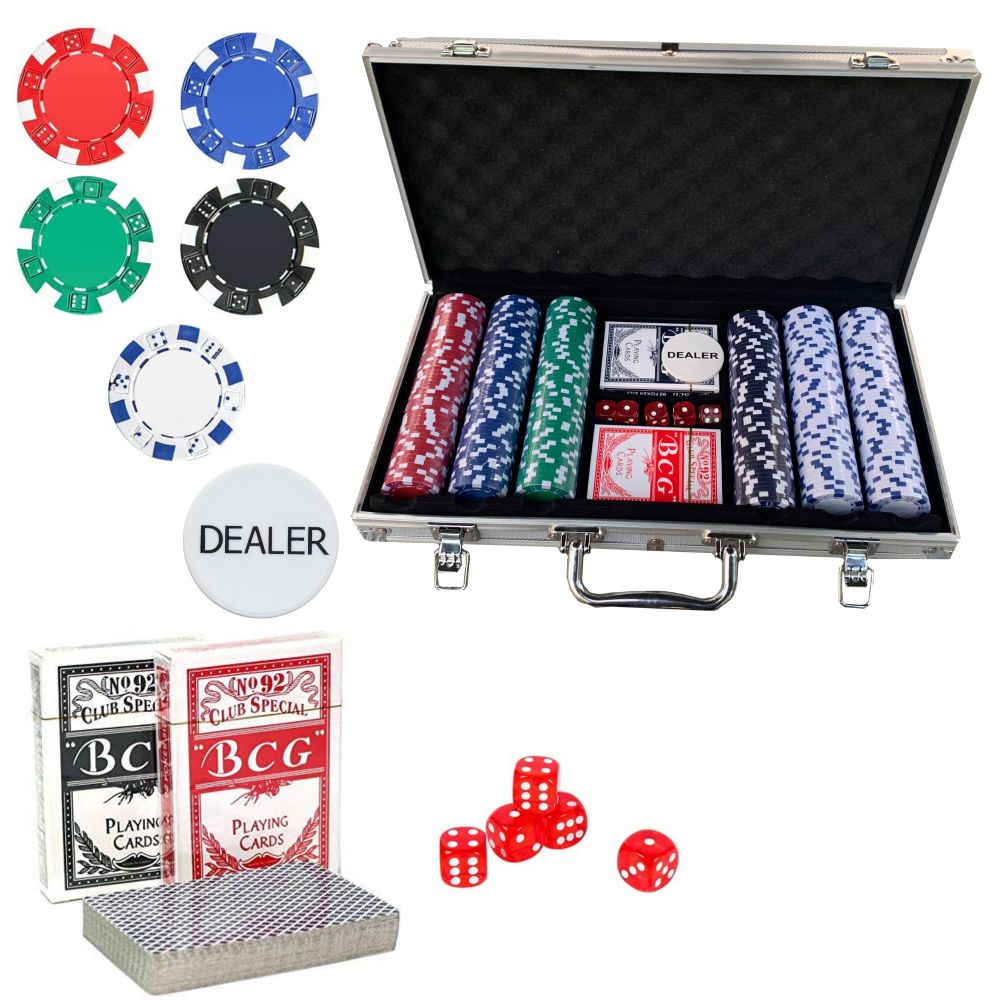 Juego 300 Fichas De Poker 2 Barajas Cartas Dados Con Maletin