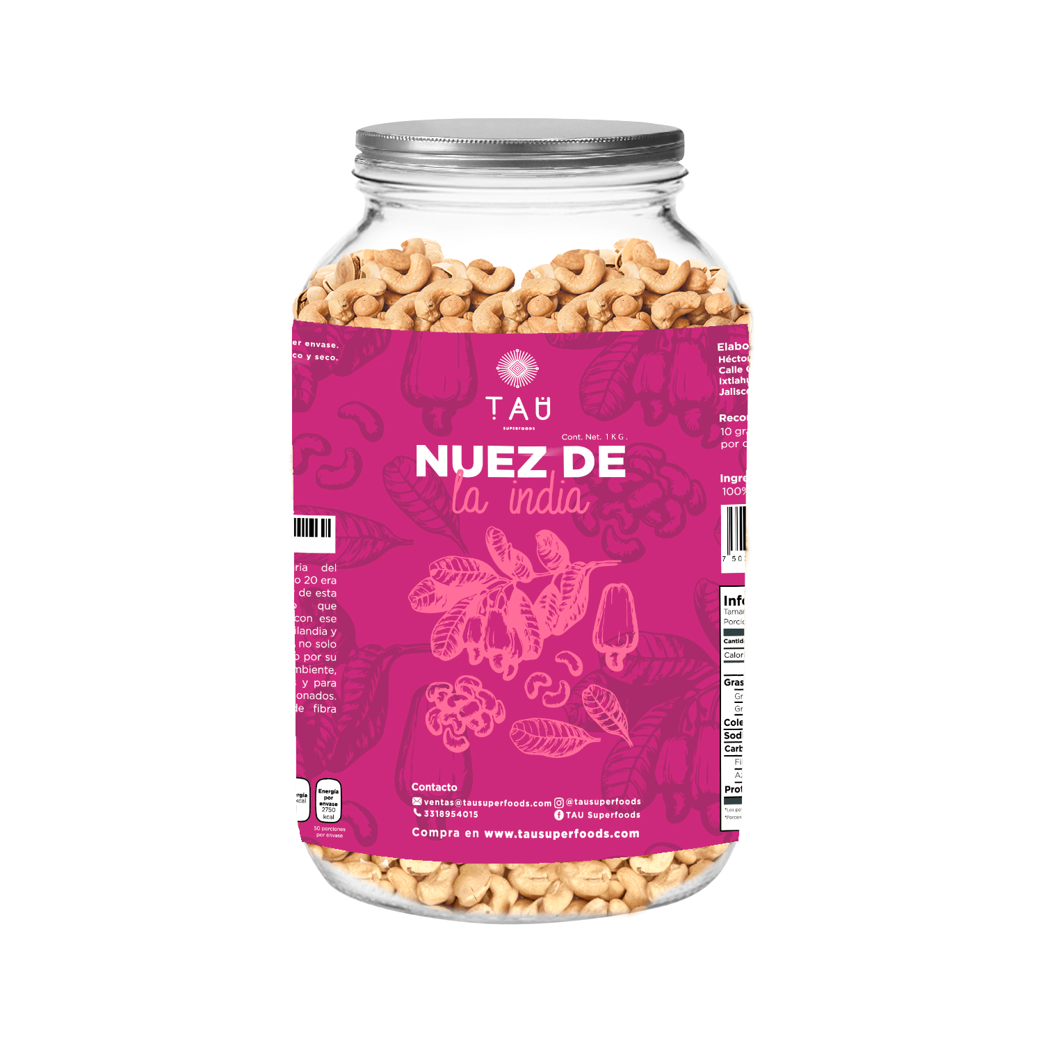 Nuez de la India 1 kg TAU Superfoods en Frasco de Vidrio, Natural, Vegano, Keto