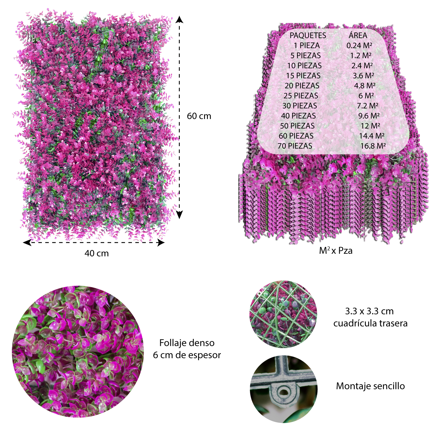 Muro Verde 20 Piezas Follaje Artificial Pared Decorativo 60x40 Pasto Rosa