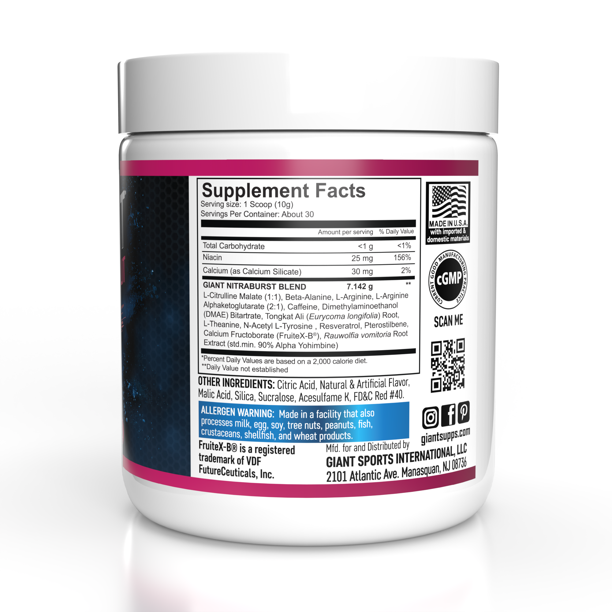 Nitraburst Advanced, Giant Sports, Pre-Entreno, Óxido, Pre workout Potente, 30 srv, Sabor Fruit Punch