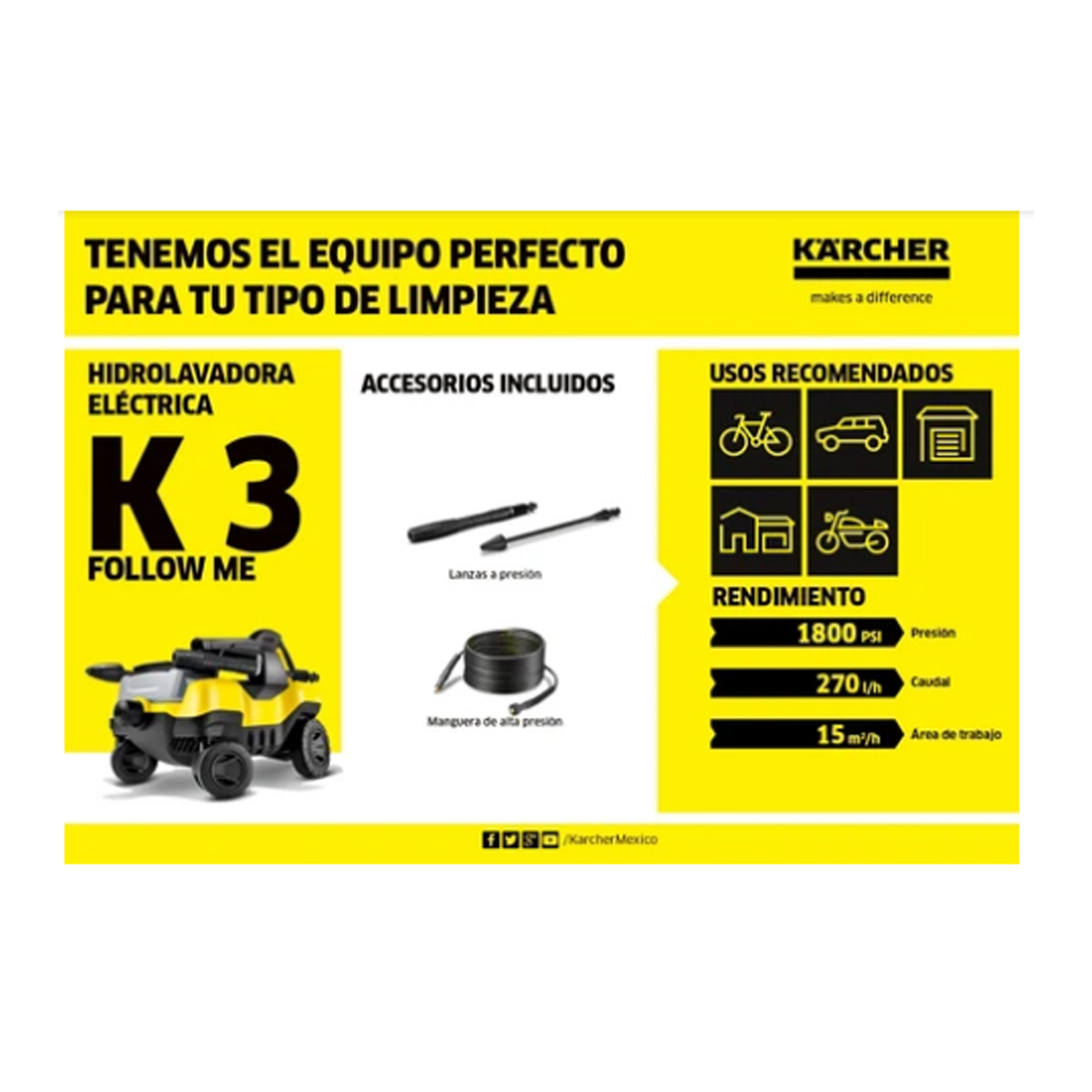 Hidrolavadora de Alta Presión Karcher K 3 Follow Me 1800psi