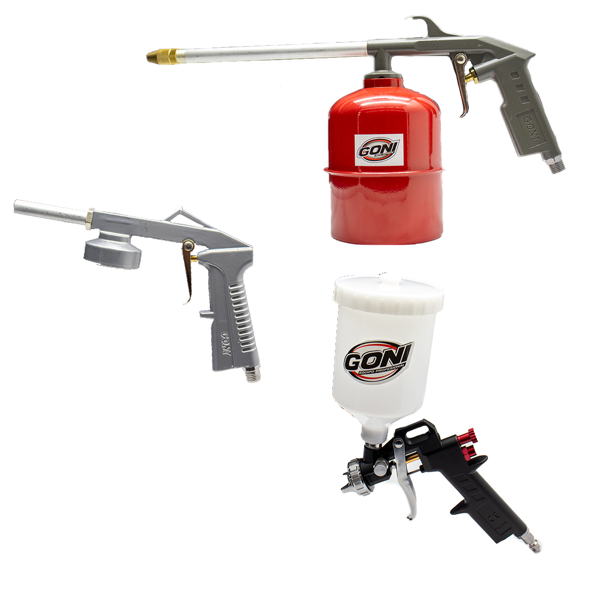 Kit De Pistolas Para Uso  Automotriz Goni 303 para la aplicación de body  Goni33013 para pintado automotriz Y Goni369 Para Limpiar Motores