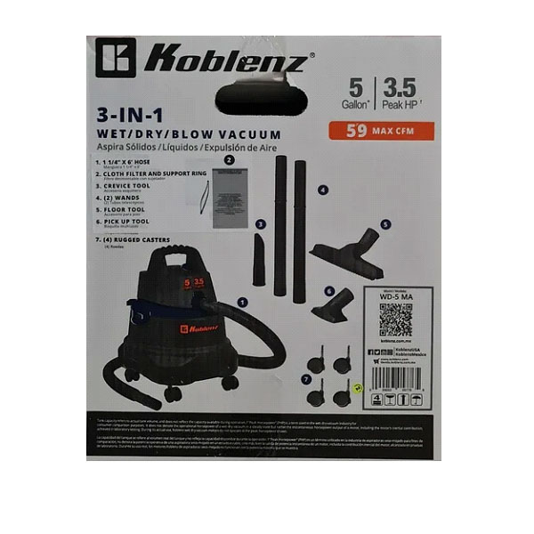 Aspiradora Koblenz Seco Mojado 5 Galones 3.5hp Potente Wd-5ma