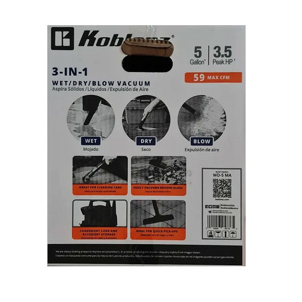 Aspiradora Koblenz Seco Mojado 5 Galones 3.5hp Potente Wd-5ma