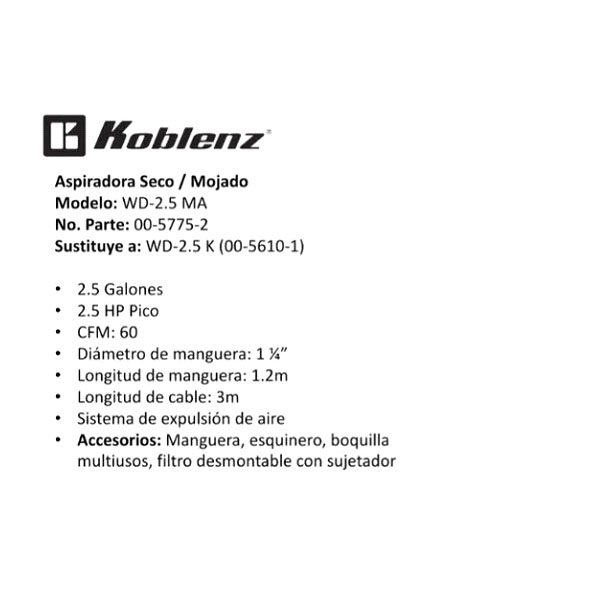 Aspiradora Koblenz Seco Mojado 5 Galones 3.5hp Potente Wd-5ma