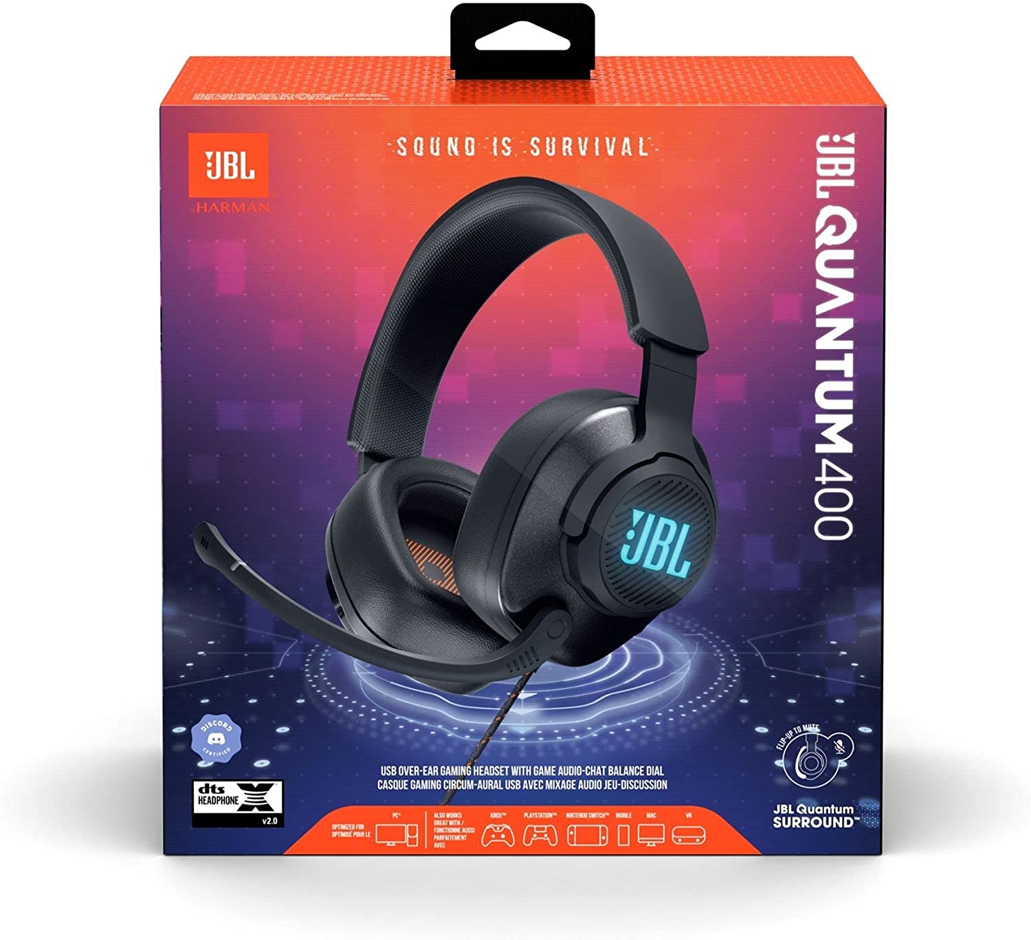 JBL Audífonos Gamer Over Ear Quantum 400 con Micrófono Chat Dia