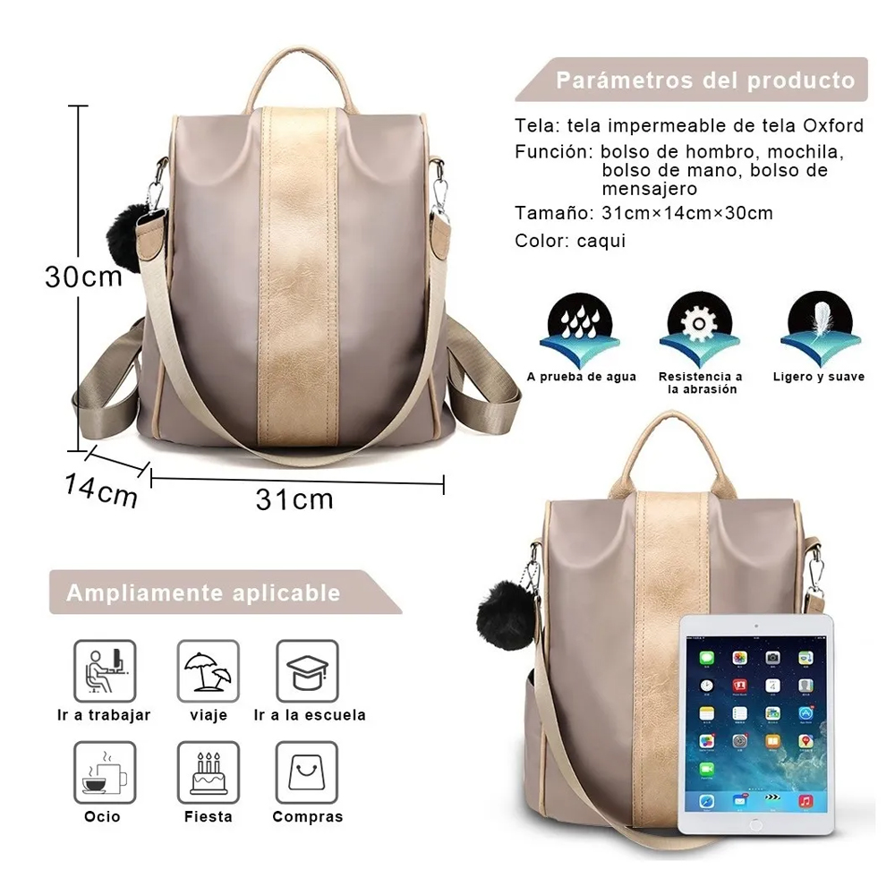 Mochila Impermeable De Nylon Antirrobo Para Mujeres COLOR CREMA