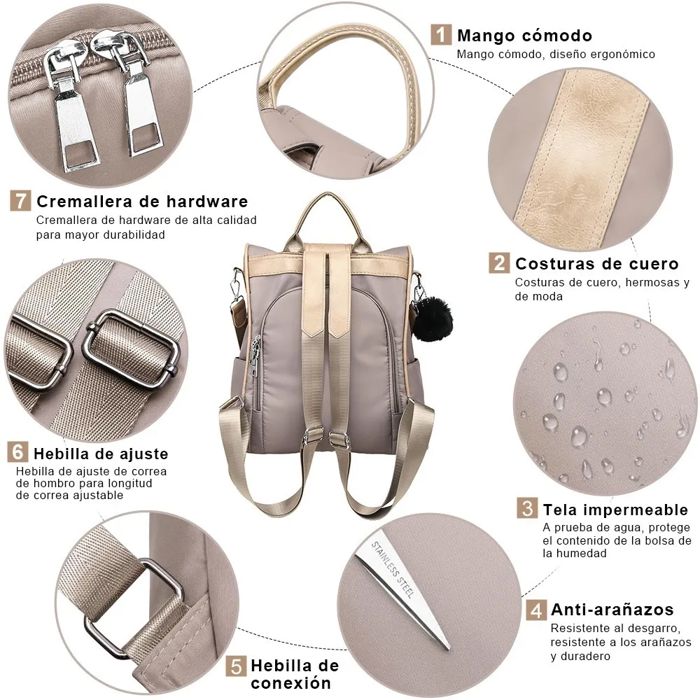 Mochila Impermeable De Nylon Antirrobo Para Mujeres COLOR CREMA