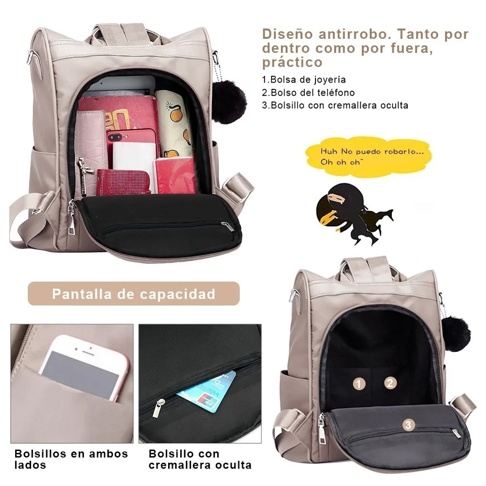 Mochila Impermeable De Nylon Antirrobo Para Mujeres COLOR CREMA