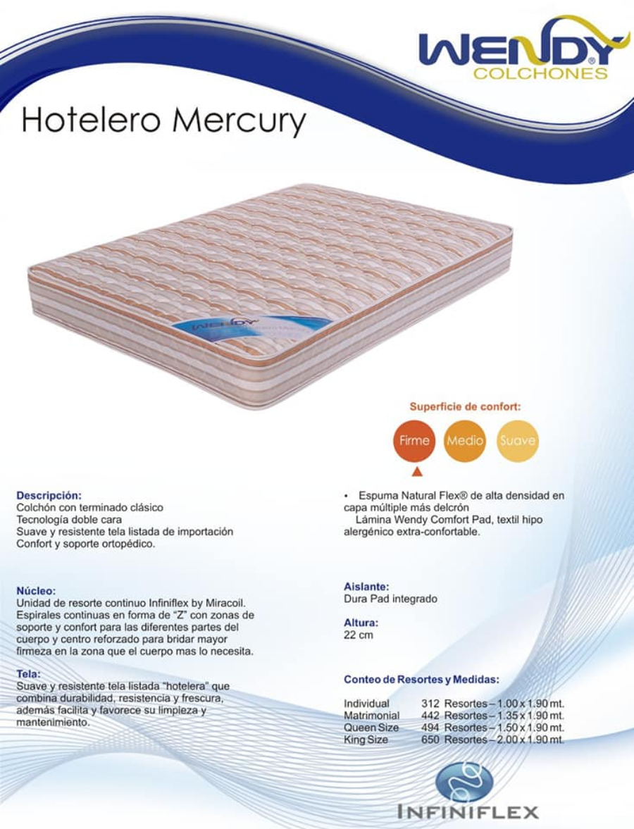 Colchón Wendy Mercury Matrimonial ORT16 ENTREGA SÓLO VÁLIDA EN LA CIUDAD DE MÉXICO Y ZONA METROPOLITANA