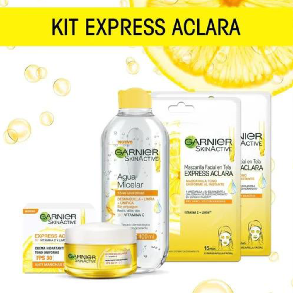 PACK Garnier Express Aclara: Crema, Agua Micelar, Mascarillas