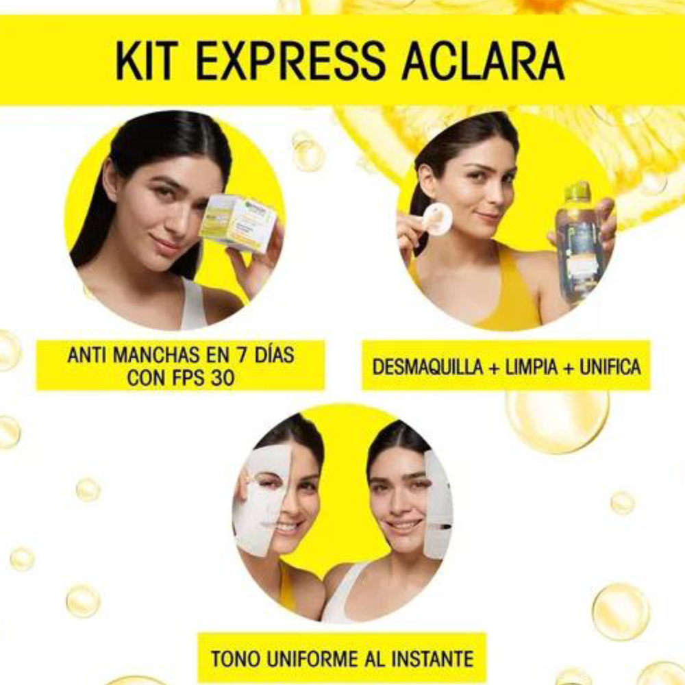 PACK Garnier Express Aclara: Crema, Agua Micelar, Mascarillas