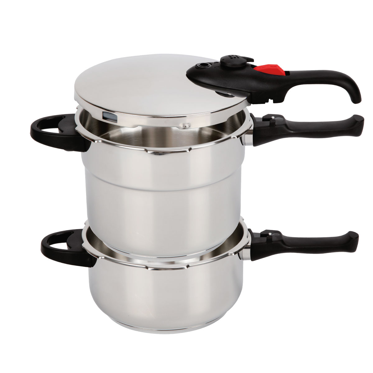 Ollas de presión set de 4 y 6 l en acero inoxidable 18/8 con accesorios, tapa de cristal y vaporera