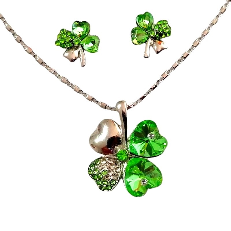 Set Trebol El Mexico QSF en Chapa de Rodio SWAROVSKI ELEMENTS INCLUYE DE REGALO ARETES DIAMOND Y CAJA PARA REGALO