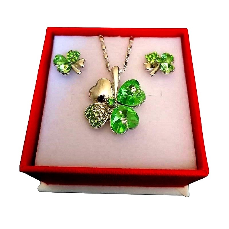 Set Trebol El Mexico QSF en Chapa de Rodio SWAROVSKI ELEMENTS INCLUYE DE REGALO ARETES DIAMOND Y CAJA PARA REGALO