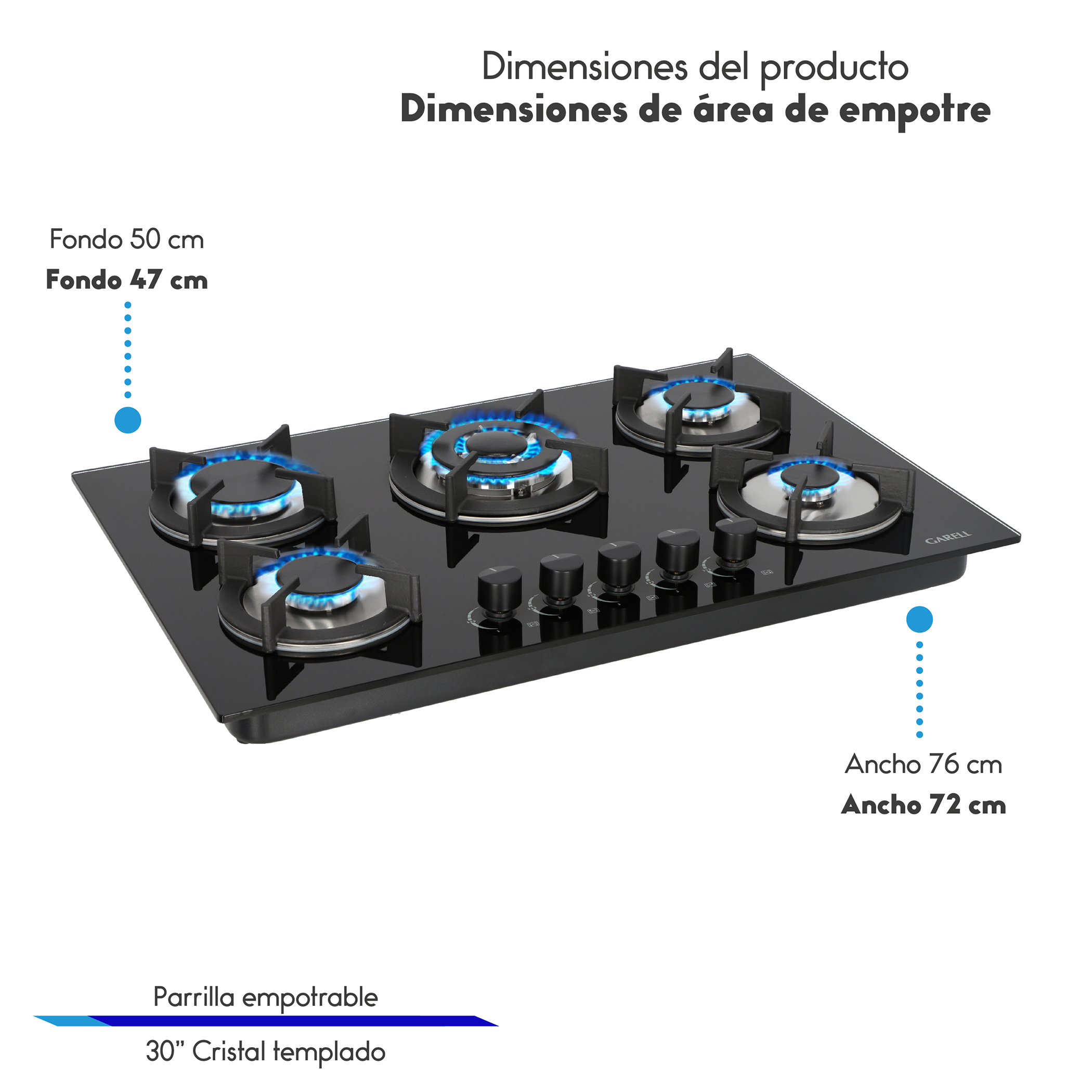 GARELL Parrilla Empotrable Premium de Gas 5 Quemadores en Vidrio Templado