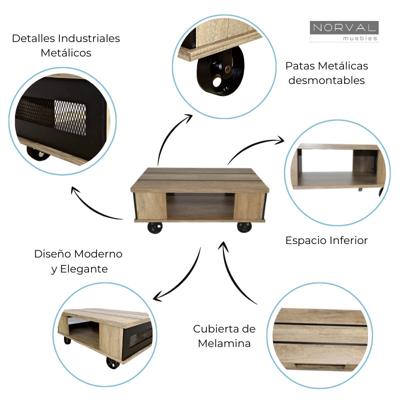 Mesa de Centro de NORVAL Muebles Matti con estilo Industrial Moderno con melamina en color Roble con Negro