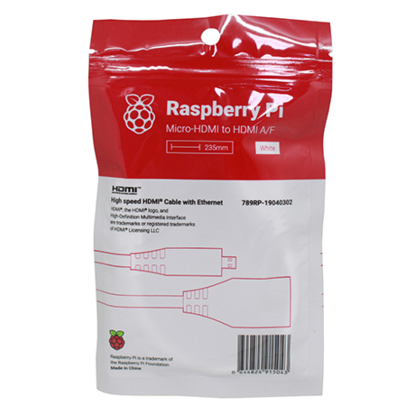 CABLE MICRO HDMI A HDMI BLANCO 235mm OFICIAL PARA RASPBERRY PI