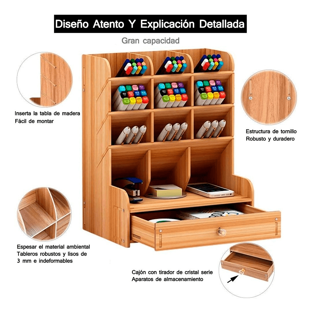 Organizador De Escritorio de  Madera Con Cajonera Oficina Home Office.
