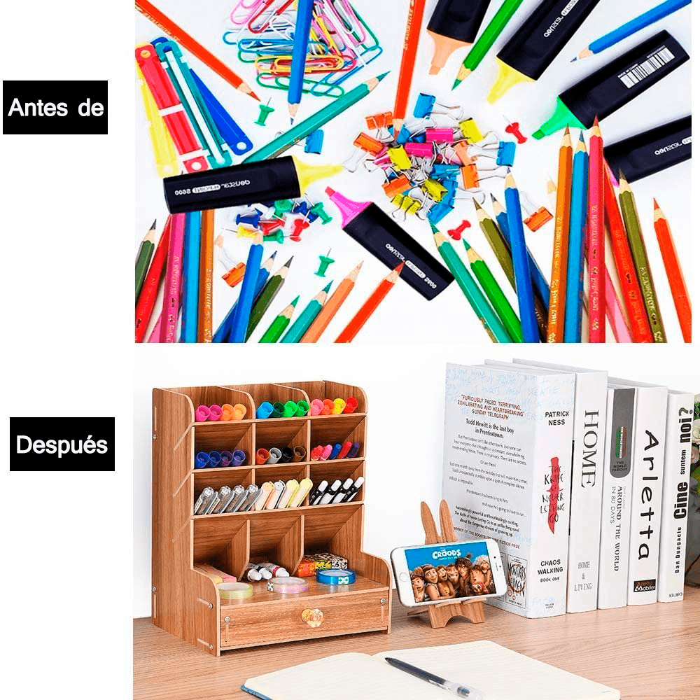 Organizador De Escritorio de  Madera Con Cajonera Oficina Home Office.