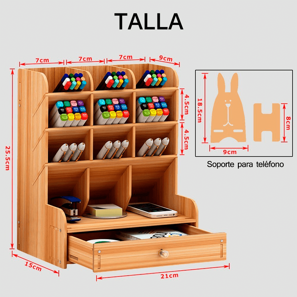 Organizador De Escritorio de  Madera Con Cajonera Oficina Home Office.