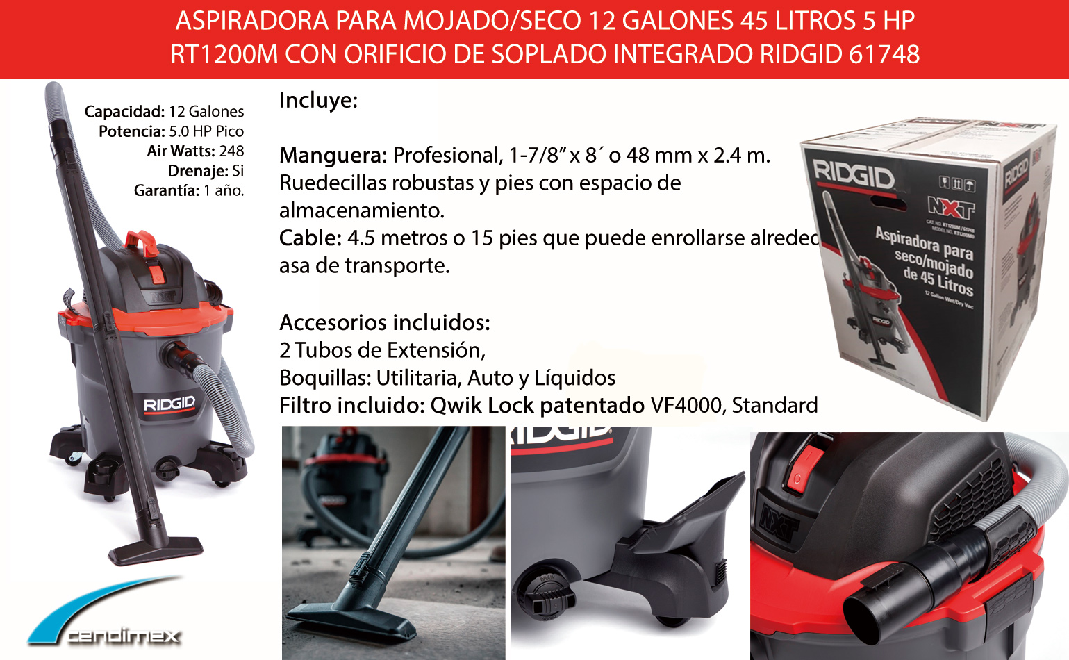 ASPIRADORA 12 GALONES, 45 LTS, 5HP MODELO RT1200m RIDGID 61748