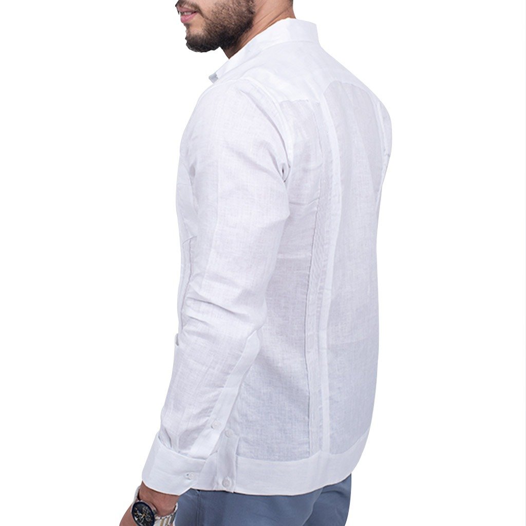 Guayabera Blanca Tradicional, Lino, Manga Larga, Interiores Aqua