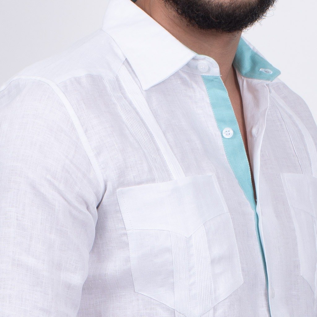 Guayabera Blanca Tradicional, Lino, Manga Larga, Interiores Aqua