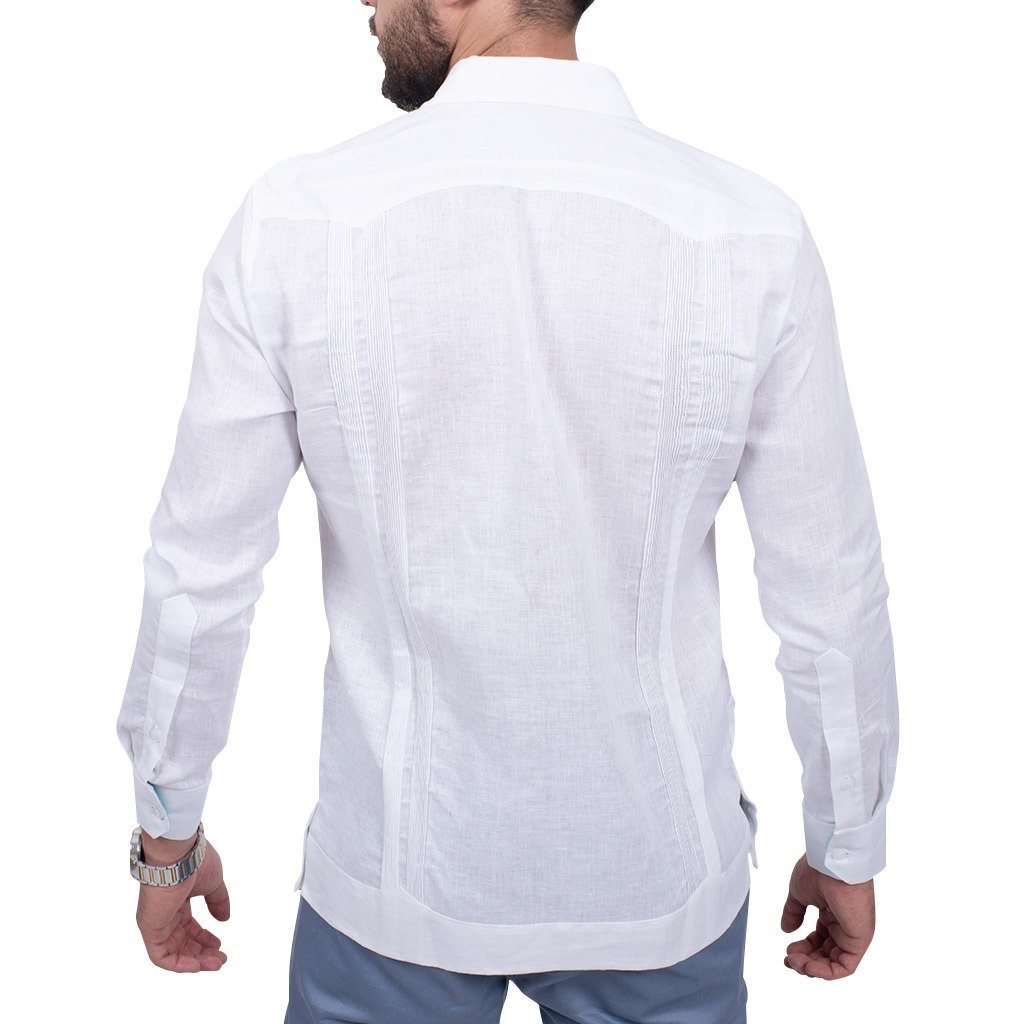 Guayabera Blanca Tradicional, Lino, Manga Larga, Interiores Aqua