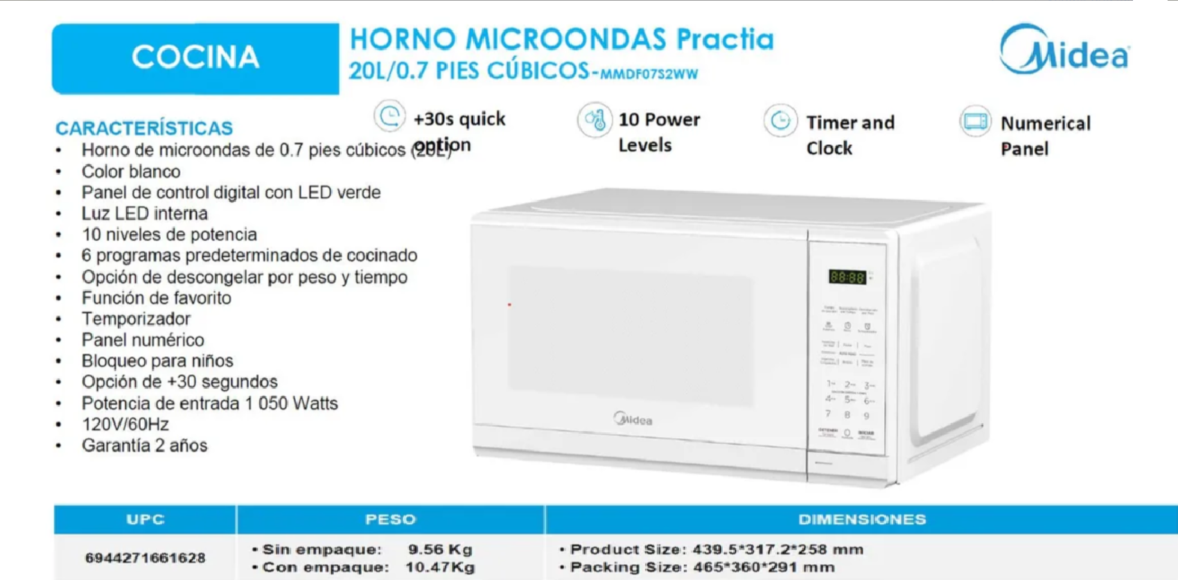Horno De Microondas Midea Practia Mmdf07s2ww 0.7 Pies.