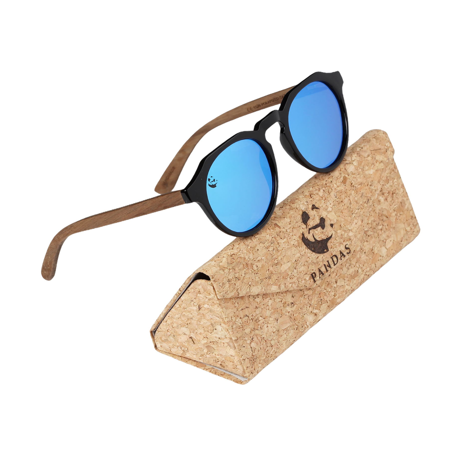 Lentes Gafas de Sol PANDAS Unisex para Hombre y Mujer Polarizados Redondos Circulares Espejados de Madera UV400 Gavial Azul