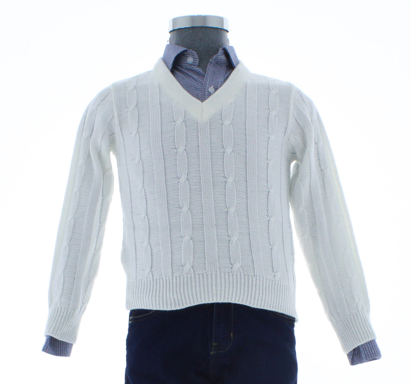Sueter Niño Tejido Blanco Cuello V 2660 4 a 10 Años.