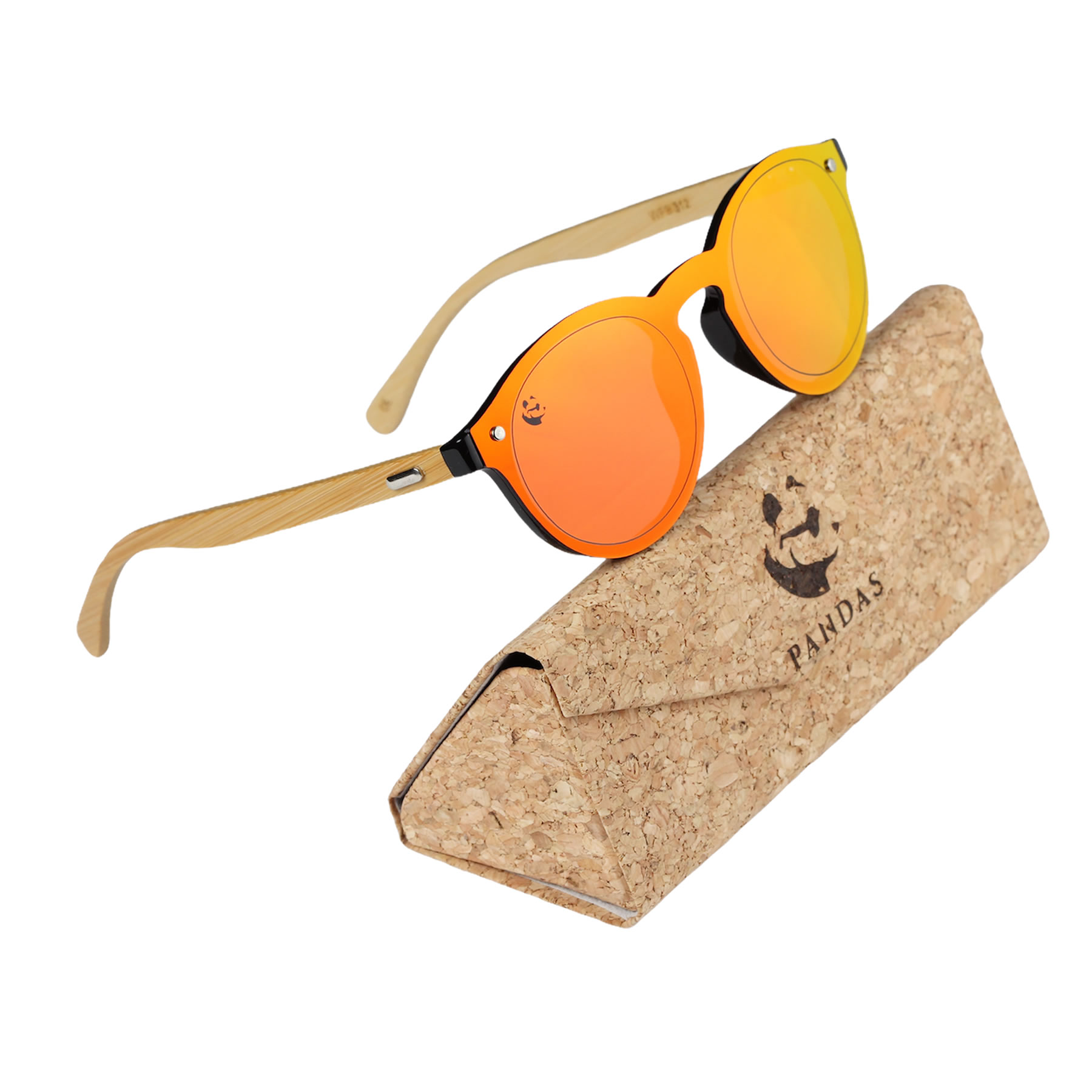 Lentes Gafas de Sol PANDAS Unisex para Hombre y Mujer de Madera de Bambú Redondos Circulares Espejados Naranja UV400 Mapache Rojo