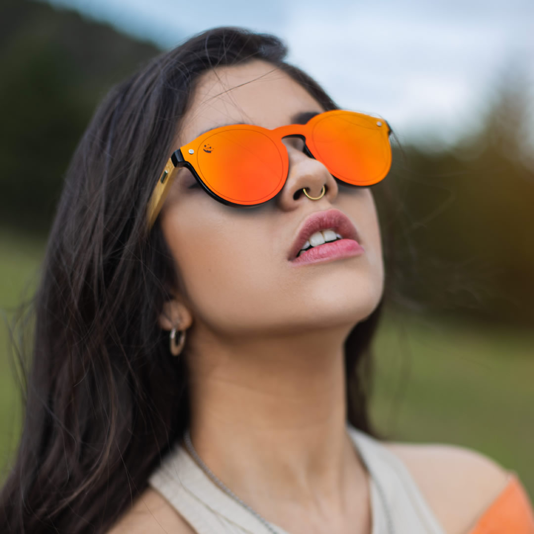Lentes Gafas de Sol PANDAS Unisex para Hombre y Mujer de Madera de Bambú Redondos Circulares Espejados Naranja UV400 Mapache Rojo