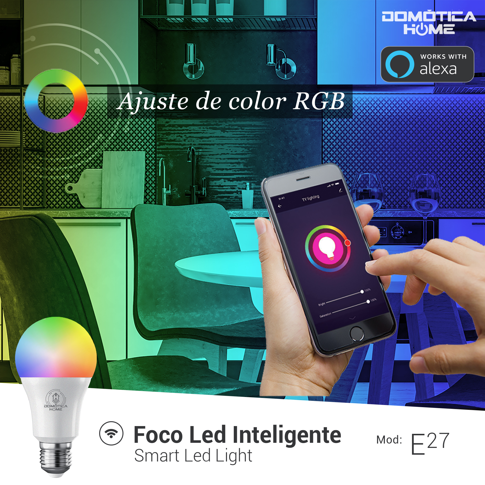 Foco Led Inteligente WIFI  DOMOTICA HOME, Multicolor + Luz Blanca Fría y Cálida  9W Wifi 2.4 GHz (PACK 4).