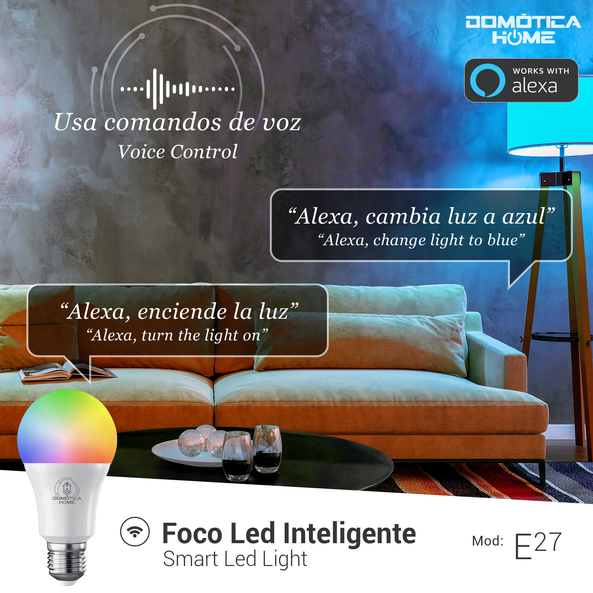 Foco Led Inteligente WIFI  DOMOTICA HOME, Multicolor + Luz Blanca Fría y Cálida  9W Wifi 2.4 GHz (PACK 4).