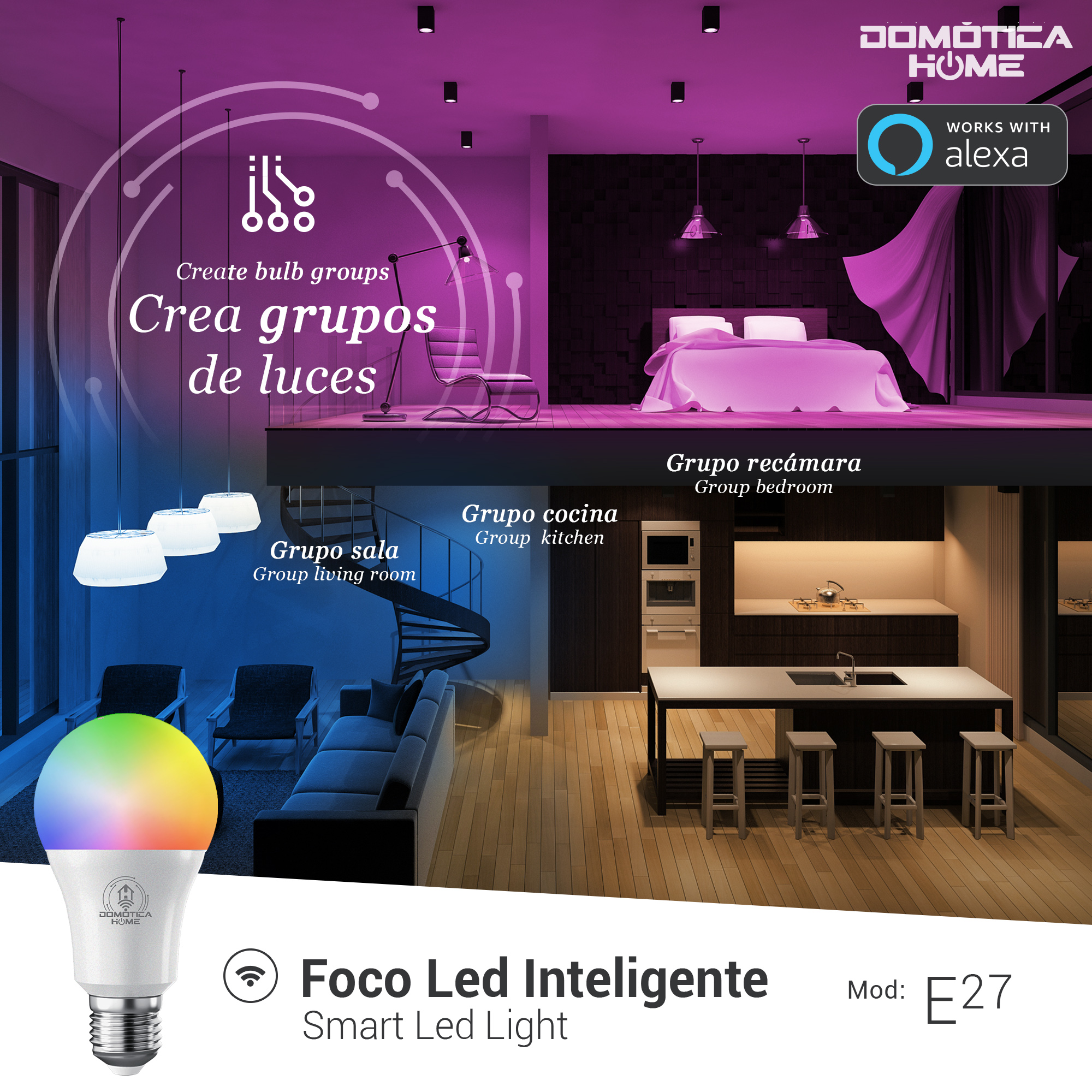 Foco Led Inteligente WIFI  DOMOTICA HOME, Multicolor + Luz Blanca Fría y Cálida  9W Wifi 2.4 GHz (PACK 4).