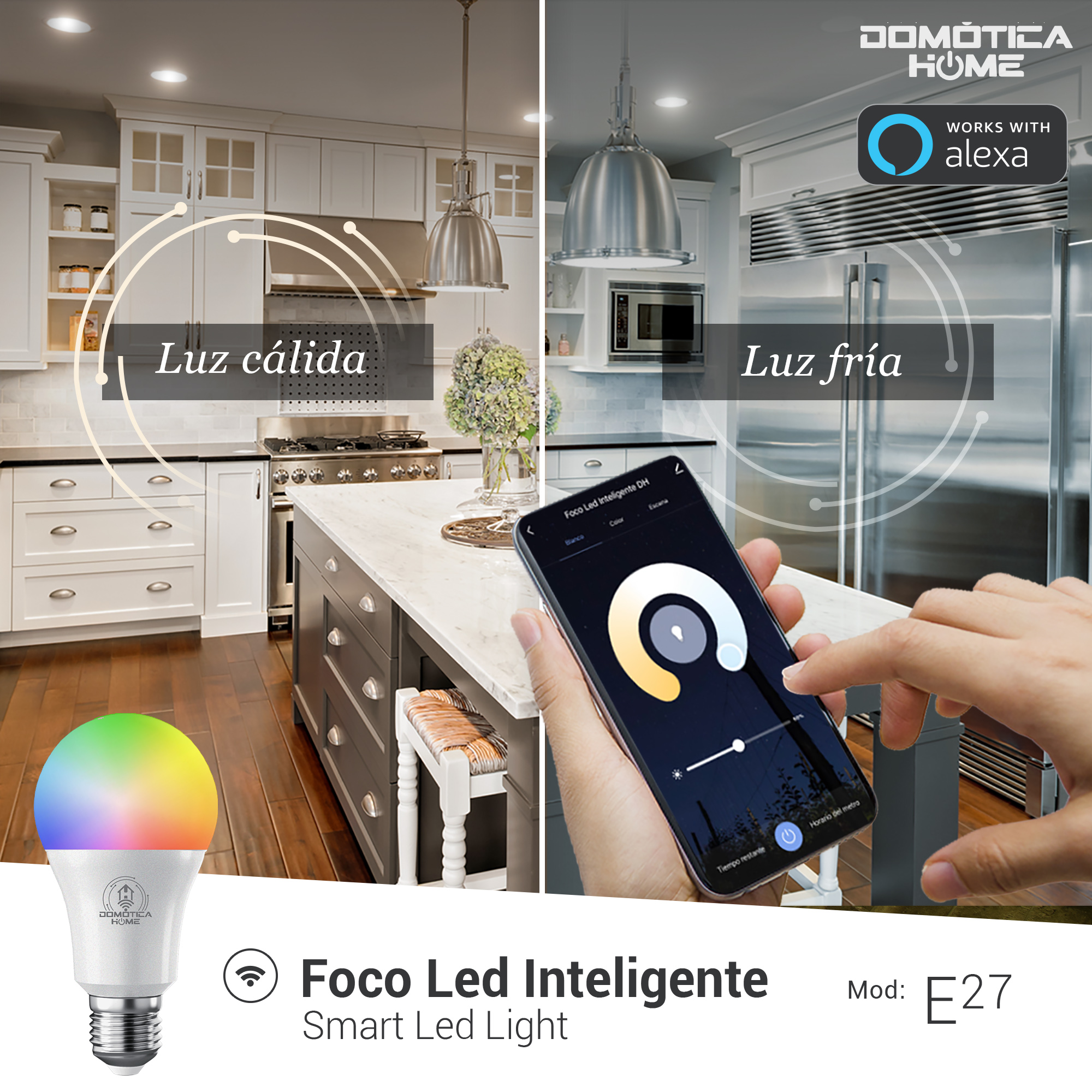 Foco Led Inteligente WIFI  DOMOTICA HOME, Multicolor + Luz Blanca Fría y Cálida  9W Wifi 2.4 GHz (PACK 4).