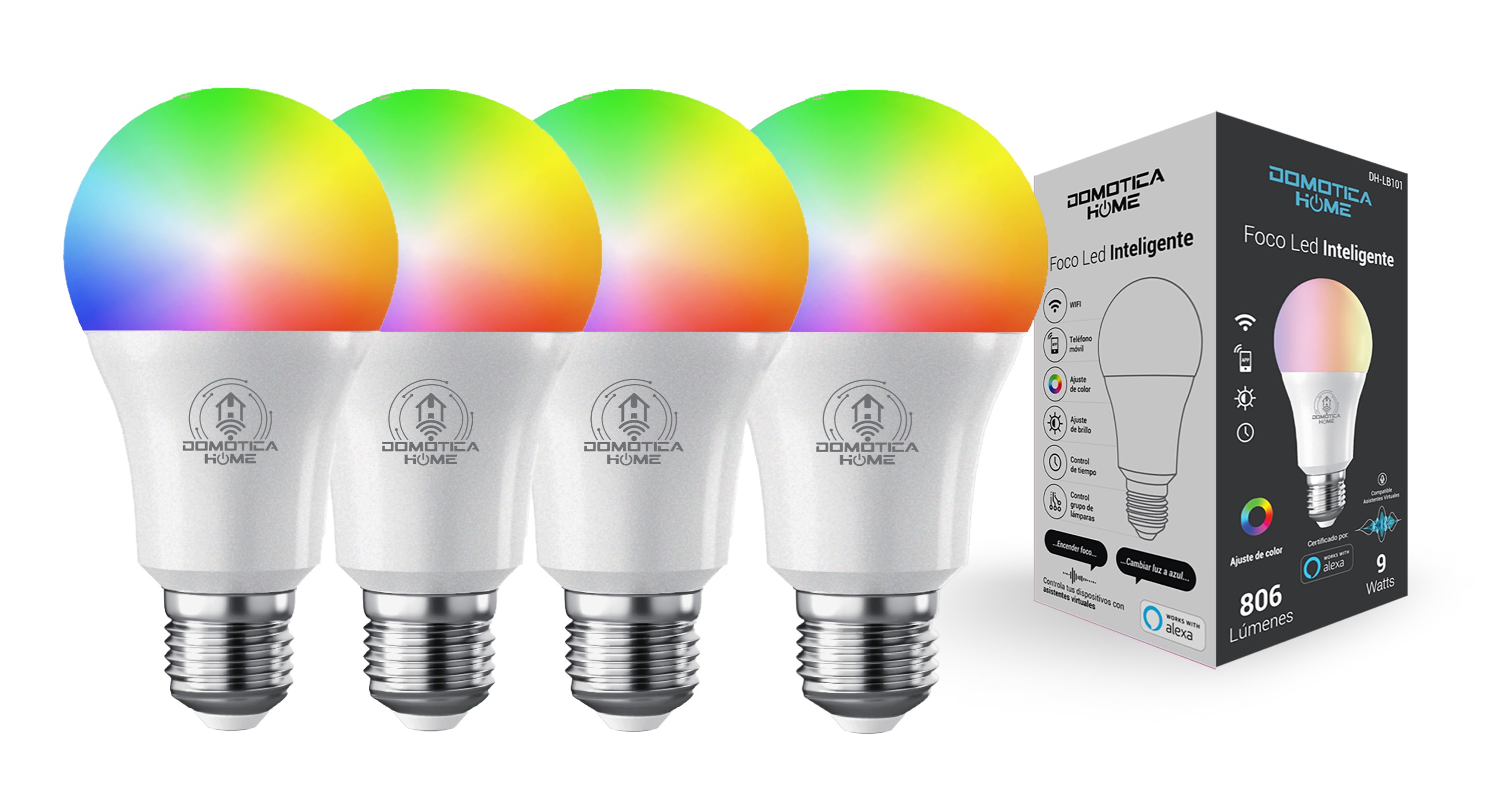 Foco Led Inteligente WIFI  DOMOTICA HOME, Multicolor + Luz Blanca Fría y Cálida  9W Wifi 2.4 GHz (PACK 4).
