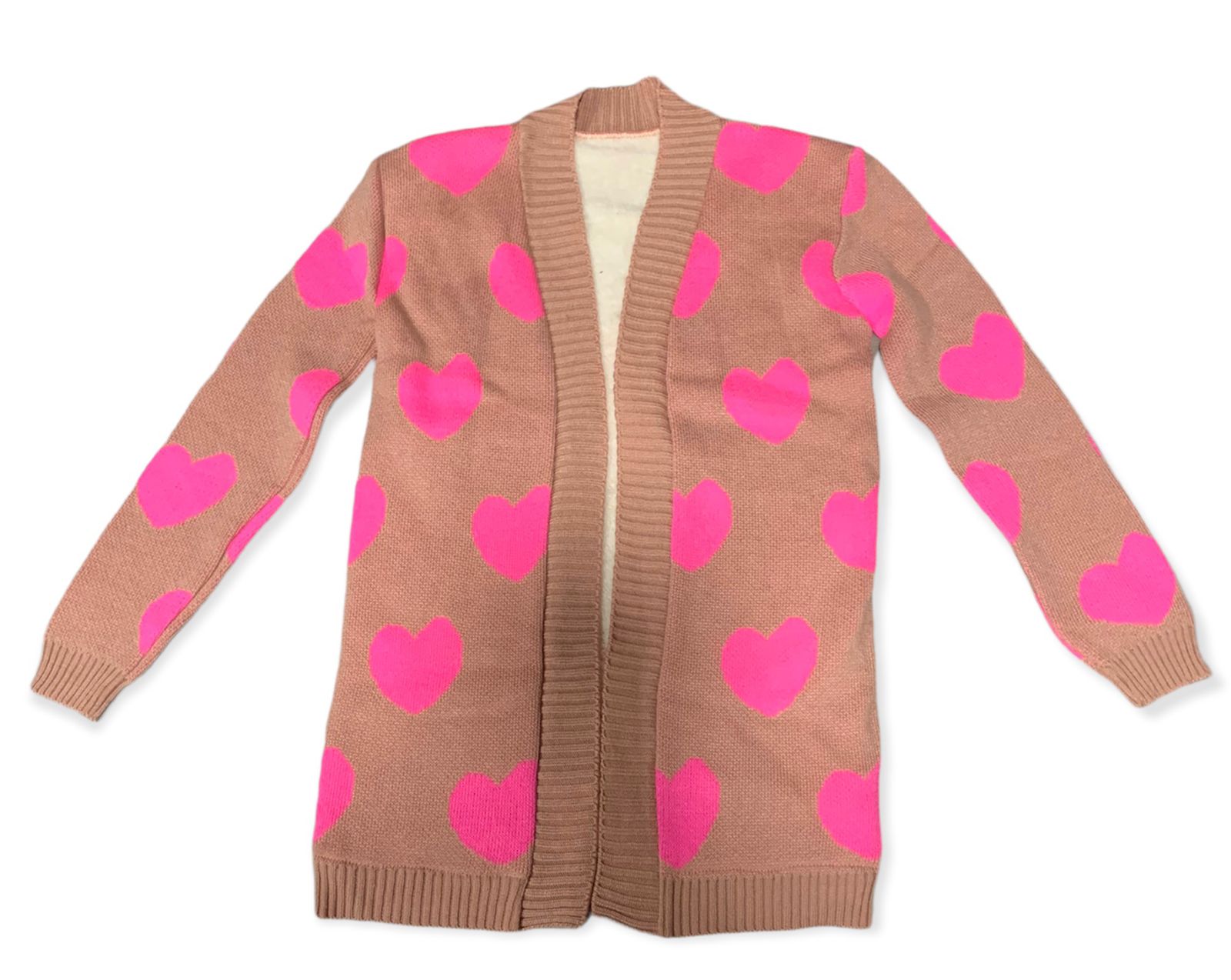 CARDIGAN ENSAMBLE CORTO TIPO SUETER PARA MUJER DISEÑO CORAZONES ABORREGADO POR DENTRO 
