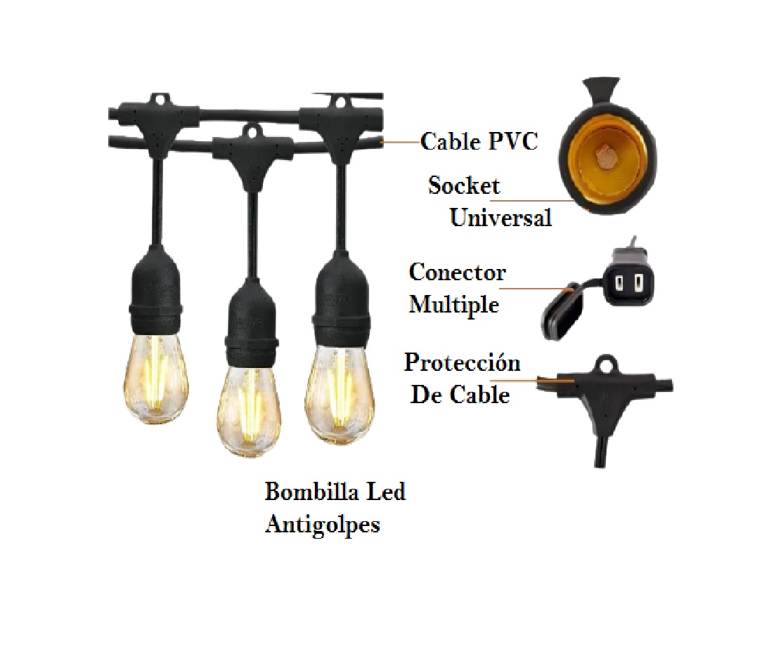 Serie De Luces Led De 7.30 Mt 12 Focos Vintage Decorativos Para Exteriores Fiestas Eventos