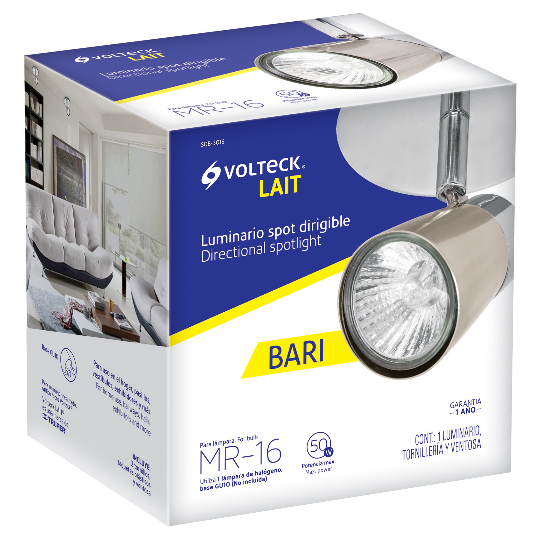 Lampara Luminaria Con 1 Spots de sobreponer, Compatibles con lámparas LED o Halógenas (NO Incluidas).
