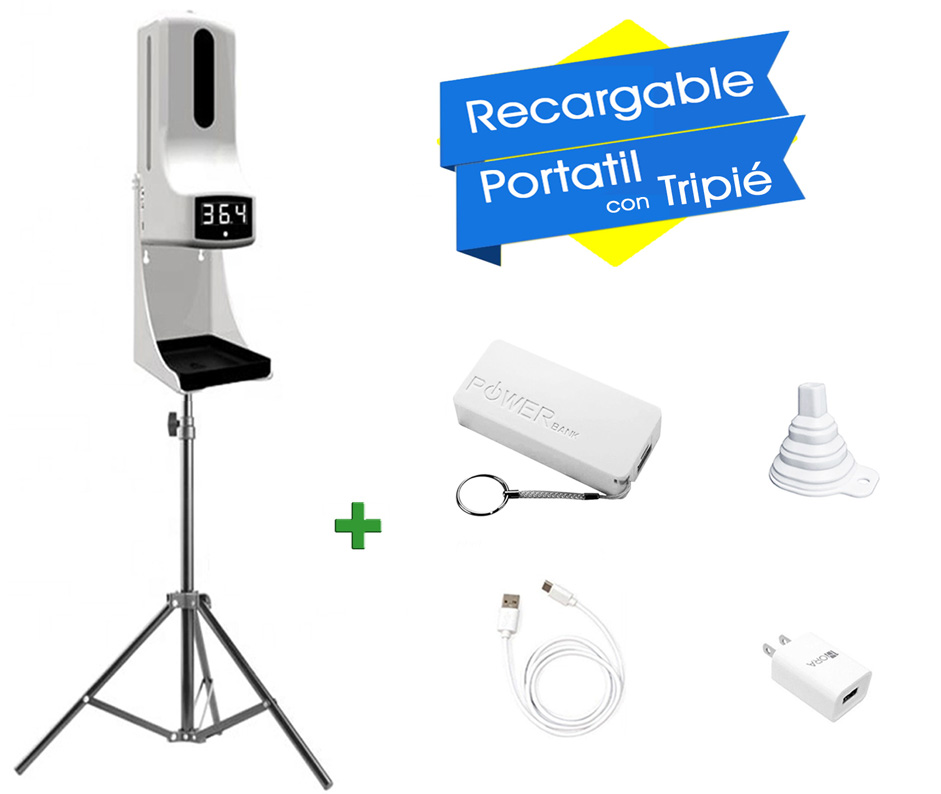K9 Pro (delta) 2021 Original + Nuevo Termometro Dispensador Gel y Liquido Recargable Portatil Sanitizante Automático sin Contacto, Proteccion Antibacterial Base Escritorio, Tripie o Pared, Casa, Oficina, Plazas Comerciales, Tiendas, Fabricas, Hoteles, Restaurantes