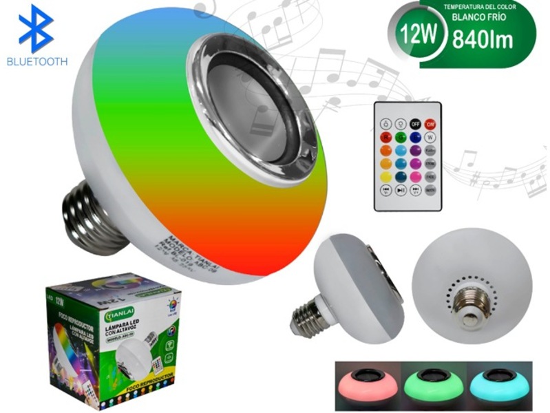 Foco Led Bocina Bluetooth Control 12w Luz De Colores Rgb 840 LM E27 