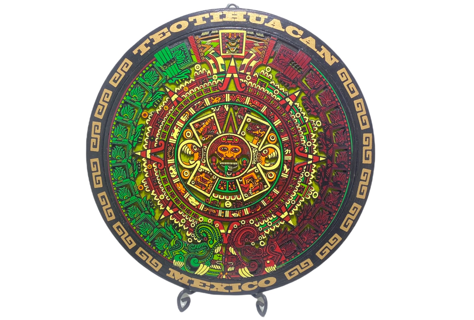 Calendario Azteca tallado en madera de 27 cm diámetro para decoración de interiores y exteriores.
